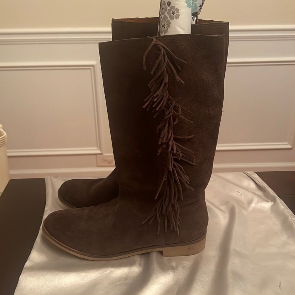 Lucky Brand Grayer Mid Calf Brown Suede Fringe Boots Size 10